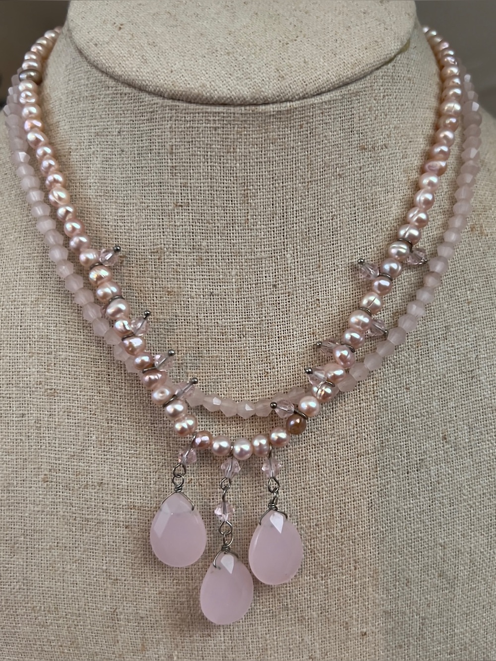 VTG 925 Italy Sterling Pink Pearl & Rose Quartz Necklace, Double Strand Necklace